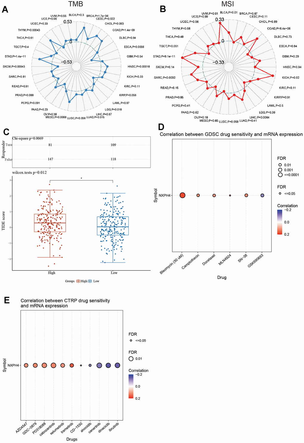 NXPH4 and drug sensitivity in colon cancer. (A) Relationship between NXPH4 and TMB in colon cancer. (B) Relationship between NXPH4 and MSI in colon cancer. (C) Difference of TIDE score between high and low NXPH4 expression groups in colon cancer. (D) GSCA online tool was used to analyze the correlation between NXPH4 expression and chemotherapeutic drug IC50 in GDSC database. (E) GSCA online tool to analyze the correlation between NXPH4 expression and chemotherapy drug IC50 in CTRP database.