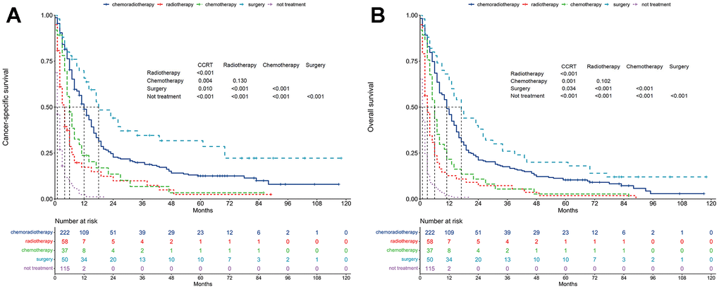 Survival between treatment patterns. (A) Cancer-specific survival. (B) Overall survival.