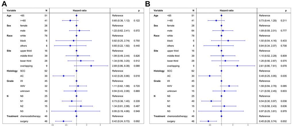 Multivariate regression analysis of prognostic factors after propensity score matching. (A) Cancer-specific survival. (B) Overall survival. SCC: squamous cell carcinoma. AC: adenocarcinoma.