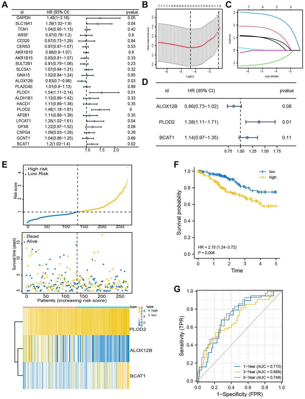 Identification of prognosis-related genes. (A) Univariate Cox analysis was used to double-screen the prognosis-related genes in the screened gene set. (B) Parameter selection in lasso model is 100 times cross validation. (C) Lasso coefficient spectrum of prognostic gene screening. (D) Stepwise Cox proportional hazards regression model was used to further screen the prognosis-related genes. (E) Risk score distribution, survival status, and gene expression profile. (F, G) K-M survival plot and ROC analysis for predicting 1-year, 3-year and 5-year prognosis.