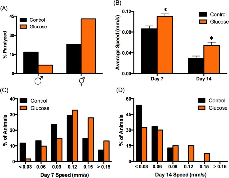 High‐glucose diet regulates mobility in a sex‐specific manner. (A) High‐glucose diet (orange bars) decreased male paralysis (increased mobility) and increased hermaphrodite paralysis (decreased mobility) compared to control (black bars) at day 14 of adulthood. (B‐D) Male mobility was analyzed using Multi‐Worm Tracker. (B) Average speed decreases with age on both diets (p (C‐D) The distribution of observed speeds was significantly different for males on high‐glucose diet compared to control on day 7 (C) and day 14 (D) (p = 0.02 and 0.004, respectively, by Kolmogorov‐Smirnov Z test).