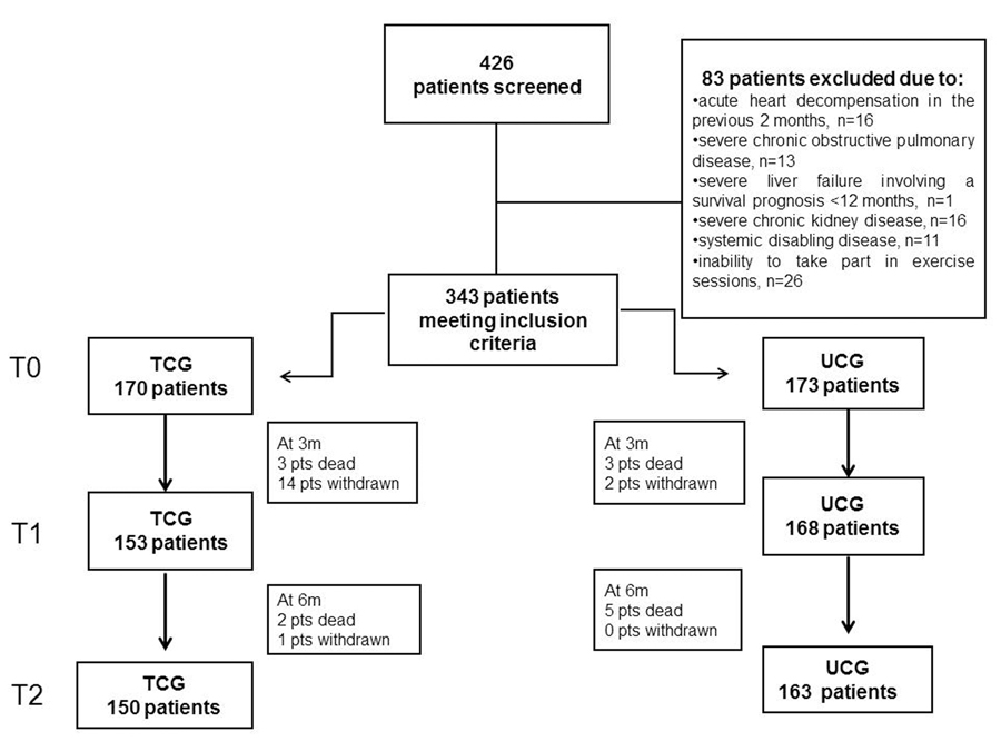 The flow of the 426 consecutive CHF patients enrolled for the study. TCG=training care group; UCG=usual care group.