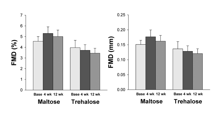 Brachial artery flow-mediated dilation (FMD) expressed as percent (left) and absolute (right) change at baseline (base) and following 4 and 12 weeks of maltose and trehalose supplementation. Values are mean ± SE.