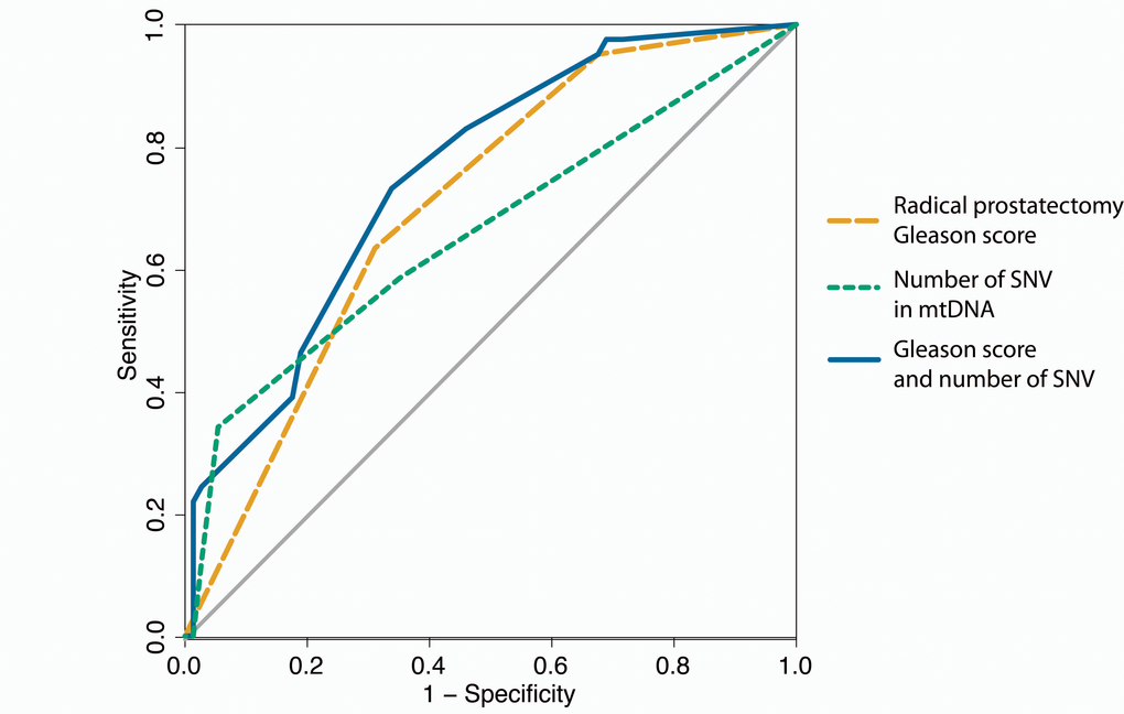 ROC curves for predicting disease relapse. In orange disease relapse predicted by Gleason score of the radical prostatectomy alone (AUC = 0.704), green for number of single nucleotide variants (SNVs) in mtDNA alone (AUC = 0.659) and in blue the Gleason score combined with the number of mtDNA SNVs (AUC = 0.752).