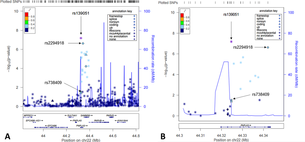 Cis-eQTL mapping for PNPLA3 in human livers. Shown here were both statistical significance (-log10p) (left y-axis) and recombination rate (right y-axis) across the PNPLA3 locus ±1Mb region on Chromosome 22 and centered to rs139051 (A) and a zoomed region centered to the PNPLA3 gene region (B).