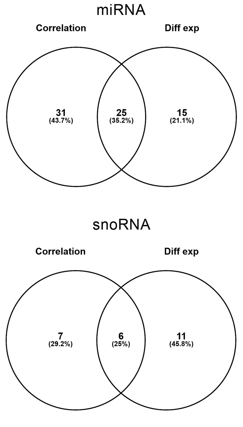 Number of miRNA (top) and snoRNA (bottom) identified by correlation and differential expression analysis and the overlapping probes between two analyses.