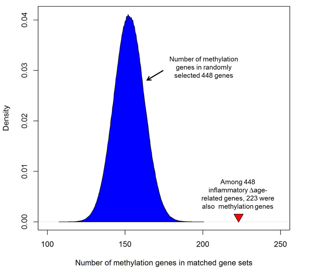 Enrichment of inflammatory ∆age-related genes with corresponding differences in methylation. Among 448 genes whose expression was associated with inflammatory ∆age, 223 genes contained at least one CpG where methylation was associated with inflammatory ∆age (defined as differentially methylated genes [DMGs]). In order to assess its significance, we generated one million gene sets, each one containing 448 randomly selected genes and determined how many of the 448 randomly selected genes were DMGs. As shown, each randomly matched gene set contained a mean of 153 methylation genes (min: 109 genes, max: 199 genes), which is much smaller than that of inflammatory ∆age-related genes (empirical p-value -6). The red triangle indicates the number of DMGs in inflammatory ∆age-related genes.