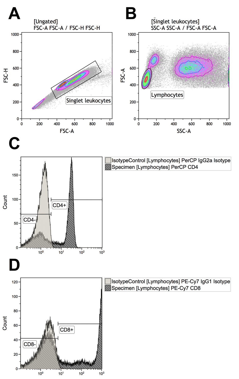 Gating strategies for identifying T-cells that are CD4+ (defined as CD4+CD8-) or CD8+ (defined as CD4-CD8+). (A) Singlet leukocytes were identified using forward scatter height vs. area scatter on a combined contour and density plot. (B) Lymphocytes were identified using forward scatter area vs. side scatter area on a combined contour and density plot. (C) CD4+ and CD4- lymphocytes were identified with the help of negative isotype controls (set at 1% to distinguish fluorescence signal from non-specific background signals). (D) CD4+ and CD4- lymphocytes were identified with the help of negative isotype controls (set at 1% to distinguish fluorescence signal from non-specific background signals). Using logical Boolean sequences, we distinguished two T-cell populations for further analyses: CD4+ T-cells that were CD4+CD8- and CD8+ T-cells that were CD4-CD8+.