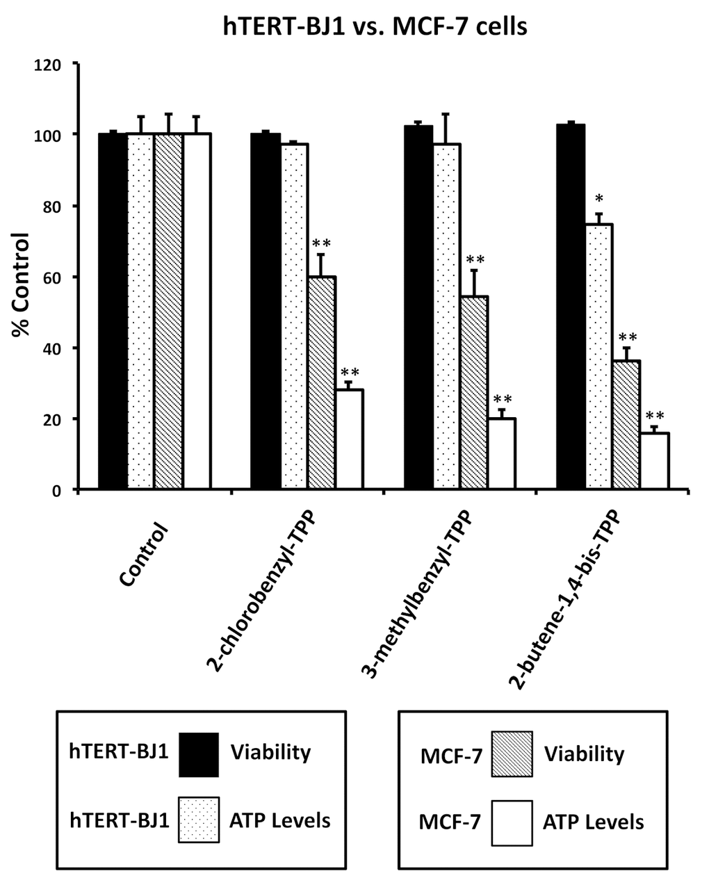 Effects of TPP derivatives on cell viability and intracellular ATP levels in normal fibroblasts (hTERT-BJ1) and human breast cancer cells (MCF-7). Cell viability and intracellular ATP levels were determined in the same treated samples. Hoechst staining (%) of hTERT-BJ1 human fibroblasts (black); ATP level (%) of hTERT-BJ1 human fibroblasts (dotted); Hoechst staining (%) of MCF-7 cells (inclined lines); ATP level (%) of of MCF-7 cells (white). TPP treatments at 1 µM, 72h. Data are represented as mean +/- SEM. *p 
