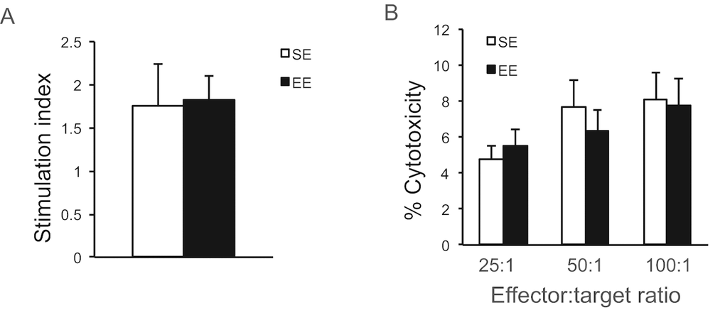 Immunoassays after long-term EE initiated in 10-month old mice. (A) The proliferative response of splenic lymphocytes to the T cell mitogen Con A. (B) NK cell cytotoxicity. n=5 per group. Values are means ± SEM.