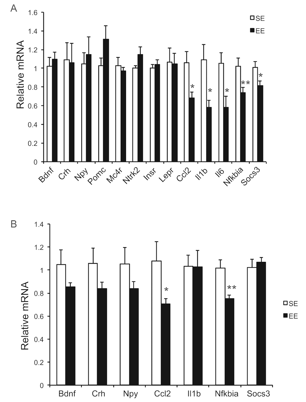 Brain gene expression profiling at the age of 22 months after 12-month EE. (A) Hypothalamus (n=8 per group), (B) Amygdala (n=8 per group). * PP