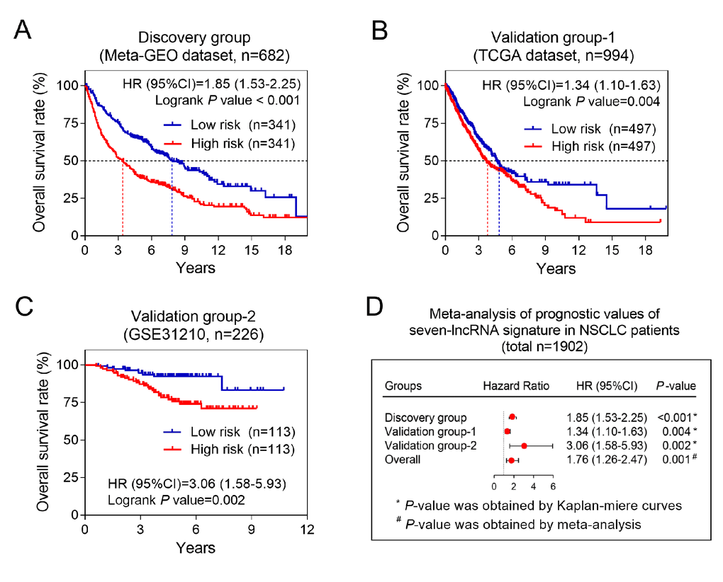The association between seven-lncRNA signature and overall survival in discovery and two validation groups. Kaplan-Meier survival curves were plotted to estimate the overall survival probabilities for the low- versus high-risk group in the discovery group (A), validation group-1 (B) and validation group-2 (C). (D) Meta-analysis was performed using the prognostic results of three groups.