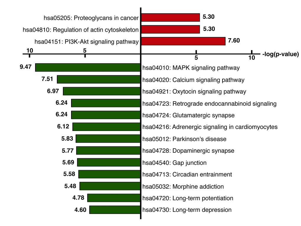 KEGG pathway analysis. KEGG pathway analysis was performed using the set of genes showing upregulated (red) or downregulated (green) expression (FDR