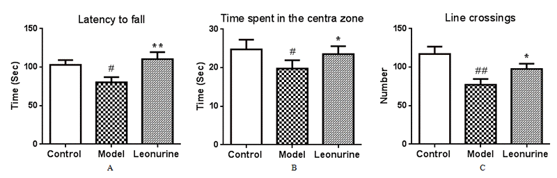 Effect of leonurine on (A) Rota-rod test and (B, C) open ﬁeld test. (A) Latency to fall from the Rota-rod. (B) The time spent in the central zone. (C) The total number of crossing lines in the open area. All data are expressed as means ± SD (n = 12). #P ##P P P 
