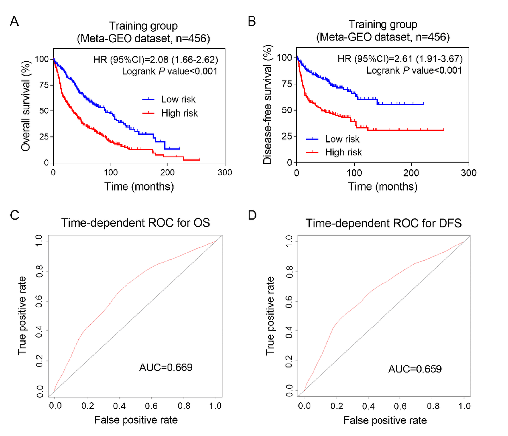 Prognostic value of eight-lncRNA signature in training group. Kaplan-Meier analysis of patients’ overall survival (A) and disease-free survival (B) in the high-risk (n = 228) and low-risk (n = 228) subgroups of the training set; The time-independent ROC analysis of the risk score for prediction the OS (C) and DFS (D) of the training set. The area under the curve was calculated for ROC curves.
