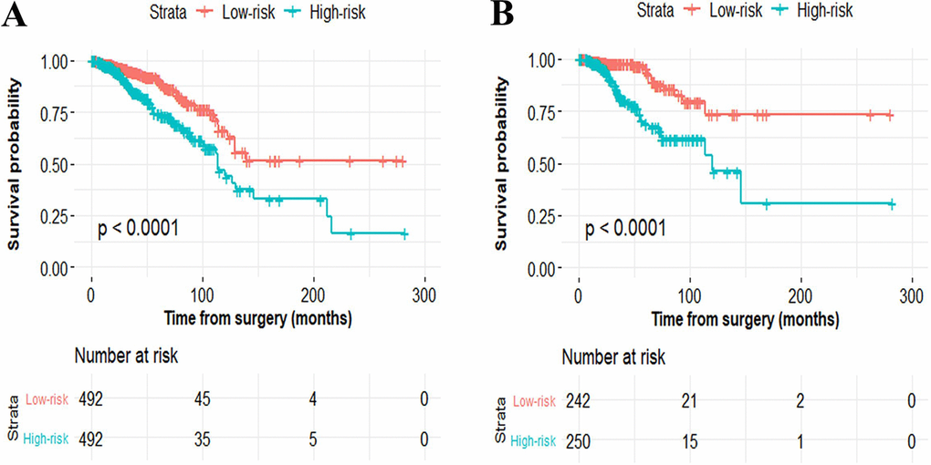 Kaplan–Meier curves of overall survival for breast cancer patients based on the six-miRNA signature in the primary cohort (A) and validation cohort (B).