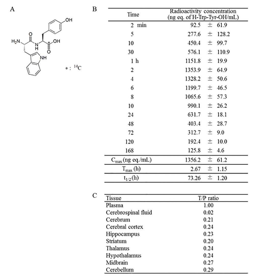Table 1. Pharmacokinetics of the 14C-WY peptide. (A) Chemical structure of the 14C-WY peptide. (B) Radioactivity of blood samples treated with the 14C-WY peptide. (C) Distributions of radioactivity in each organ treated with the 14C-WY peptide