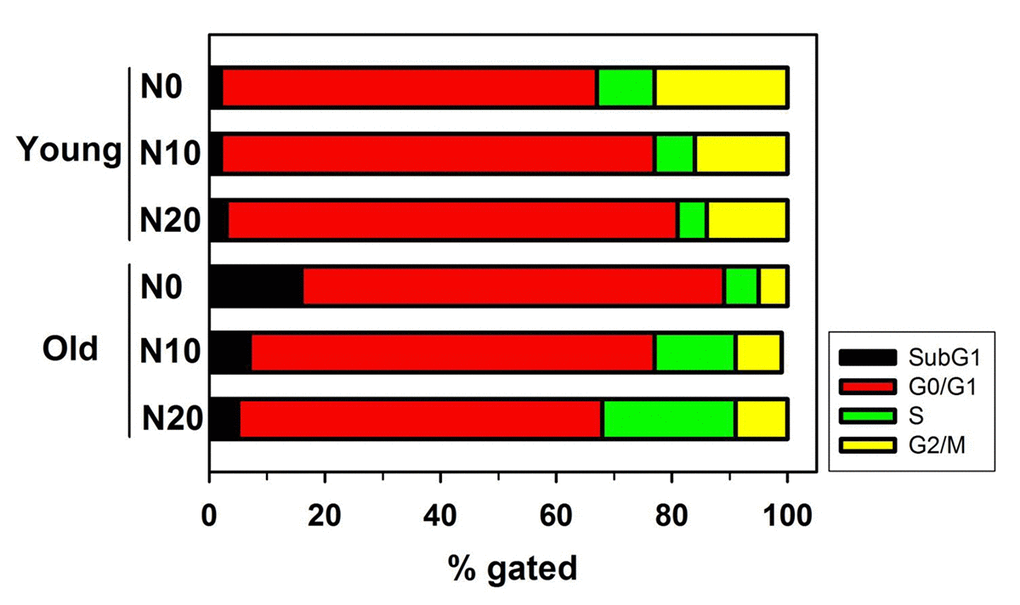Flow cytometry for analysis of cell cycle and apoptosis. Graph shows the relative percentage of cells of the indicated genotype in the subG1, G0/G1, S, and G2/M phases of the cell cycle. Young and old HDFs were treated with either vehicle or NecB (10 or 20 μg/mL) for 16 h, stained with PI, and then analyzed by flow cytometry.