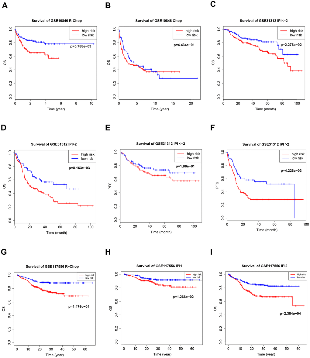 Kaplan–Meier curves of overall survival (OS) in high-risk and low-risk patients treated with cyclophosphamide, doxorubicin, vincristine, and prednisone (CHOP) (B) or CHOP plus rituximab (R-CHOP) (A, G). Kaplan–Meier curves of overall survival (OS) and PFS in high-risk and low-risk patients with different international prognostic index (IPI) values (C–F, H, I).