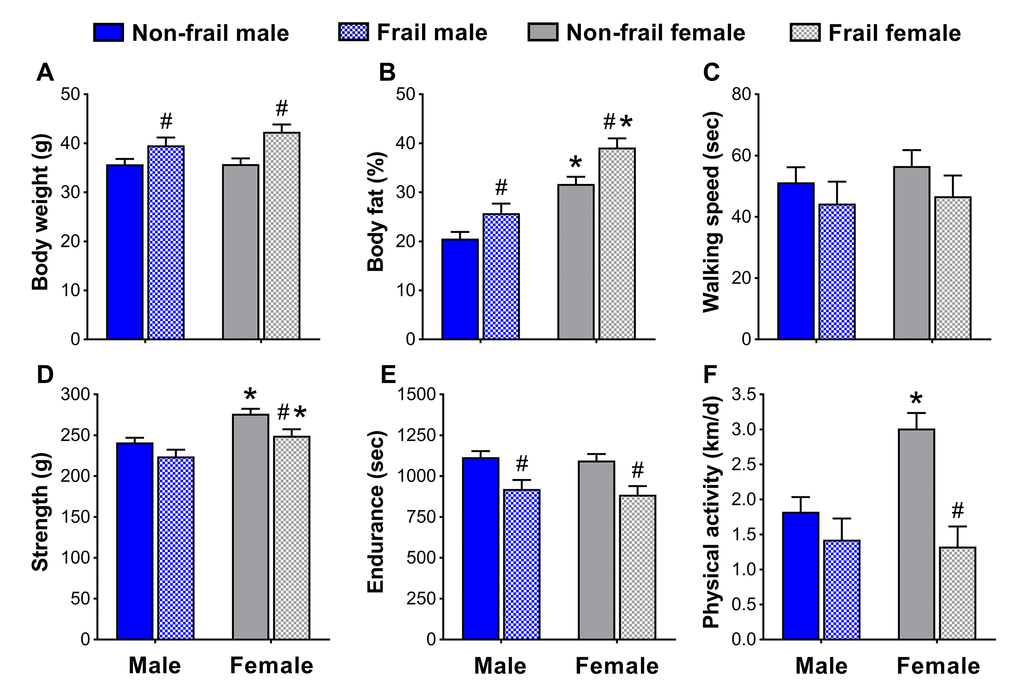 Body composition (A, B) and physical function (C-F) of non-frail and frail, male and female mice at the time of the frailty assessment. *Significant difference between sex (p≤0.05). #Significant difference between frailty status within sex (i.e., non-frail vs. frail male, non-frail vs. frail female) (p≤0.05). Values are presented as mean + standard error.