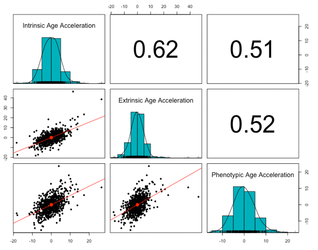 Correlation of age acceleration measures. The three epigenetic measures of age acceleration were all positively correlated with each other. Phenotypic age acceleration had the lowest correlation with the other two (r = 0.51, p 