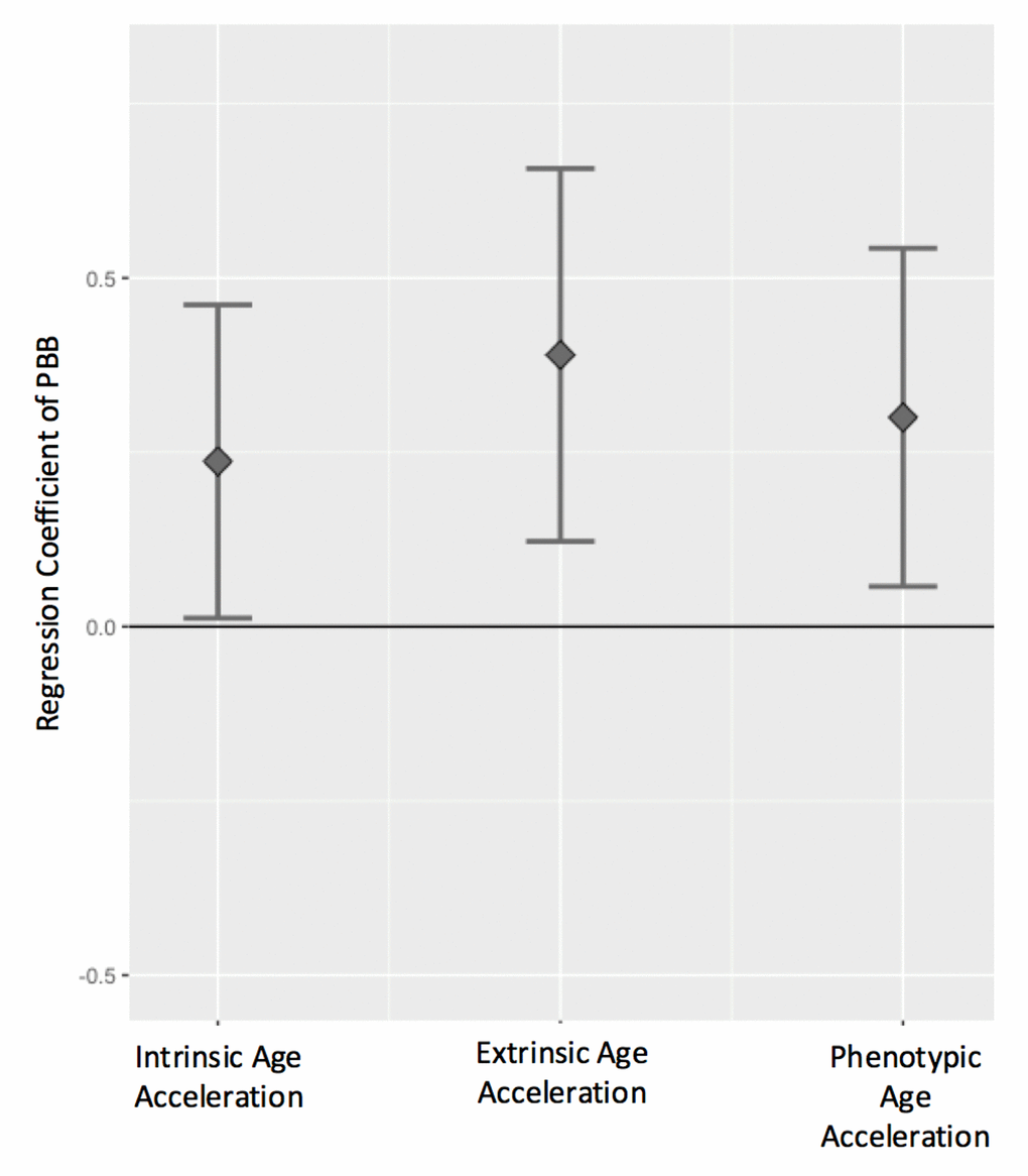 Age acceleration positively associates with PBB exposure. The regression coefficient and 95% confidence interval (y-axis) for PBB and each the age acceleration measures, controlling for sex, total lipid levels, and estimated cell types. PBB was positively associated with intrinsic age acceleration (t = 2.07, p = 0.03), extrinsic age acceleration (t = 2.86, p = 0.004), and phenotypic age acceleration (t = 2.43, p = 0.01).