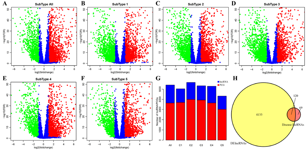 Identification of key differentially expressed protein-coding genes and lncRNAs among five subtypes. (A) Volcano plot shows the differential expression pattern of lncRNAs between tumors and adjacent normal tissues (named “subtype all”). The upregulated genes are shown as red and the downregulated genes are shown as green. (B–F) The up-(red) and down-(green) regulated lncRNAs across five molecular subtypes (subtype 1, 2, 3, 4, 5) are also shown as volcano plots, respectively. (G) Distribution of DE-lncRNAs and DE-PCGs among five subtypes (C1, C2, C3, C4, C5) and tumors and adjacent normal tissues (named “subtype all”) are shown. LncRNAs are presented as blue and PCGs are shown as red. (H) Venn diagram displays the intersection of DE-lncRNAs and Disease lncRNAs. Total 120 overlapped lncRNAs are indicated. Remaining 69 disease lncRNAs are excluded in our research.