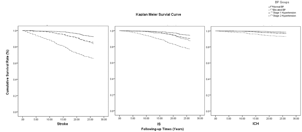 Kaplan-Meier survival curve on association of BP levels with the risk of stroke by types.
