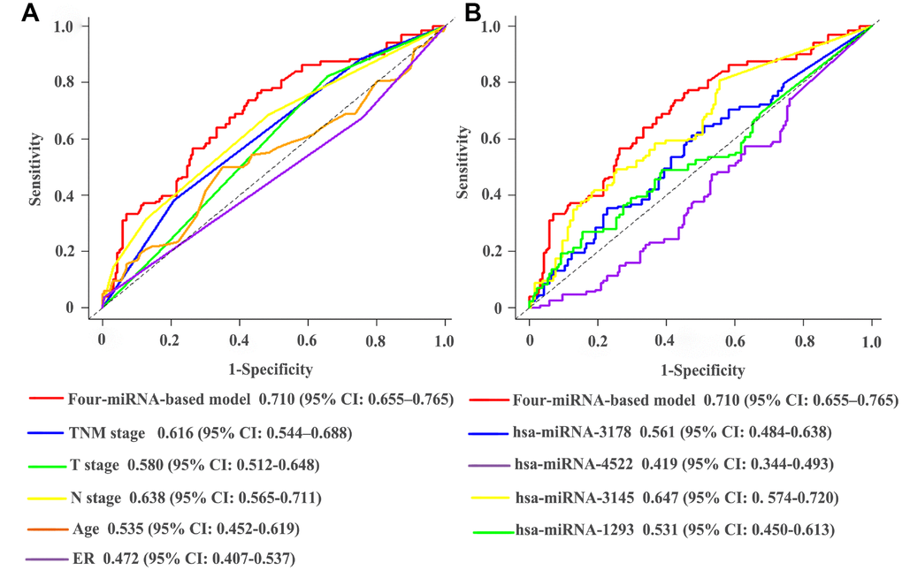 Comparisons of the predictive accuracy at 5-years DFS using time-dependent receiver operating characteristic curves in miRNA-based model with clinical risk factors (A), and miRNA-based model with single prognostic miRNA (B). DFS, disease-free survival.