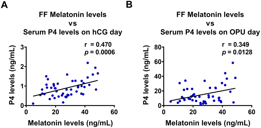 Melatonin levels in follicular fluid are positively correlated with P4 levels in serum. Follicular fluid (FF) melatonin levels and serum P4 levels were examined using ELISA (n = 50), and Pearson’s correlation analysis was performed to assess their relationship. FF melatonin levels were positively correlated with serum P4 levels both on (A) hCG administration day, and (B) oocyte pick-up (OPU) day.