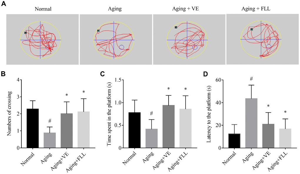 Fructus Ligustri Lucidi (FLL) improves memory and cognitive function in aging mice. (A) Representing swimming paths and search strategy of mice in the spatial probe test on the fifth day. (B) Numbers of crossing over the hidden platform located in quadrant IV. (C) The time spent in the platform. (D) Latency to find the platform. [◦: location of target platform (quadrant IV); ■: original location of the mouse (quadrant I)]. Data are presented as mean ± SD. # compared with the normal group. * compared with the aging model group. p 