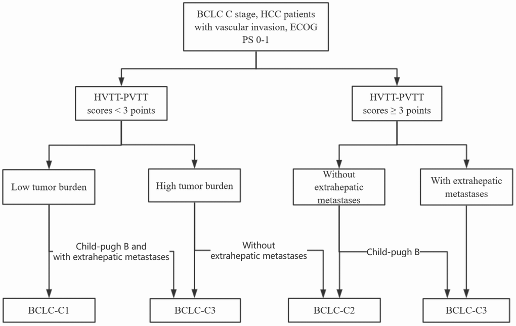 The final subdivision of HCC patients with macroscopic vascular invasion using classification and regression tree (CART) algorithm.