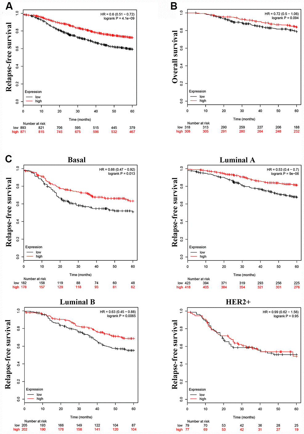 High LINC00899 levels correlate with a better prognosis in breast cancer patients. (A–C) Kaplan–Meier survival curve analysis performed using KM plotter. Breast cancer patients were divided into two equal groups based on median expression value of LINC00899. The hazard ratio (HR) and log-rank p-value comparing the two groups are shown. Low and high risks are indicated in black and red, respectively.