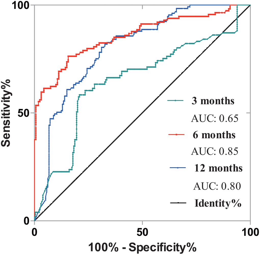 Exploration of synergistic prognostic effect of PNI and SMI in CRLM patients. 3-month’s, 6-month’s and 12-month’s results were analyzed. The AUC of 3-month, 6-month and 12-month were 0.65, 0.85 and 0.80. PNI, prognostic nutrition index; SMI, skeletal muscle index; CRLM, colorectal cancer liver metastasis; AUC, area under curve.