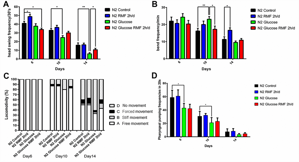 RMF improved lifespan in C. elegans. (A) Head-swing frequency. (B) Body-bend frequency. (C) The four levels of locomotivity. Motor ability assays were performed on day 6, 10, and 14. (D) Pharyngeal-pumping frequency (20 s). Different letters indicate a significant difference among groups (P 