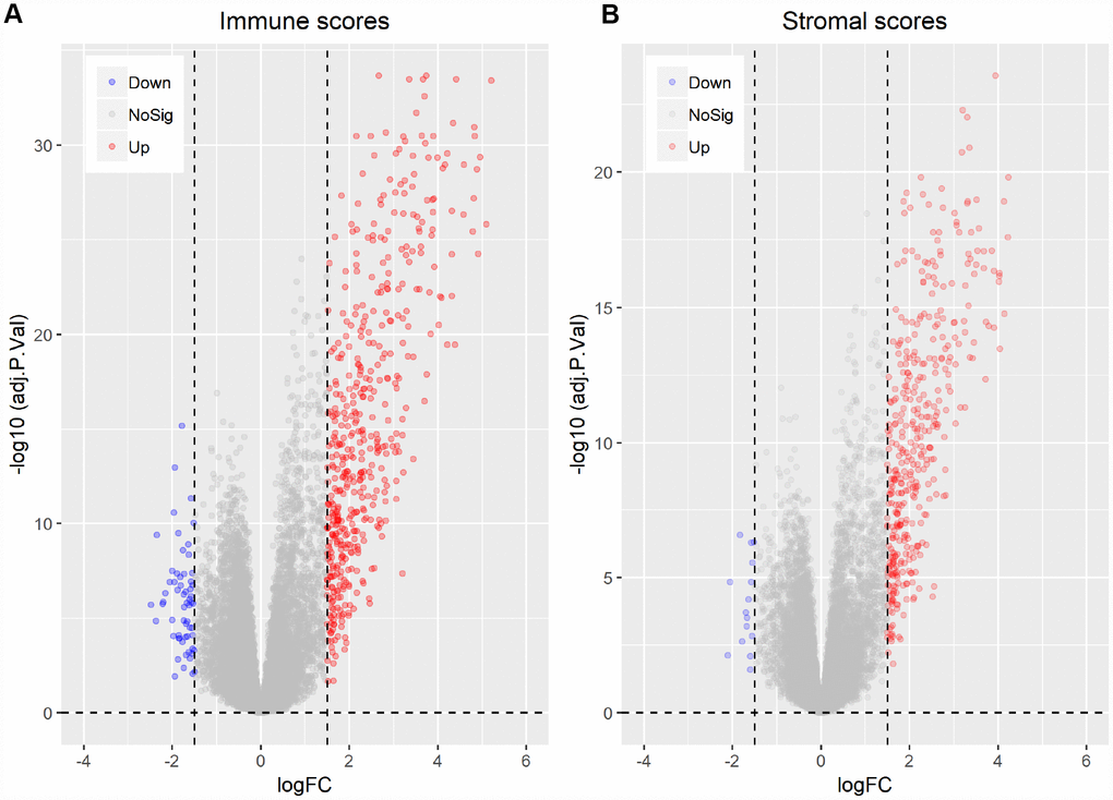 Differentially expressed genes between high vs. low immune and stromal AML scores. (A) Immune scores (|log FC| > 1.5, q-value B) Stromal scores (|log FC| > 1.5, q-value 