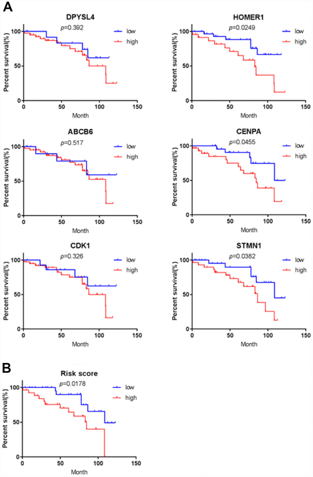 Validation for prognostic value of six proteins and risk signature. (A) K-M curves for DPYSL4, HOMER1, ABCB6, CENPA, CDK1 and STMN1, (B) K-M curves for risk score.