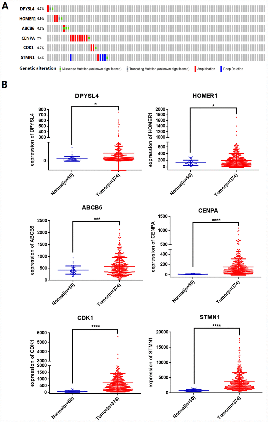 Identification of prognostic risk signature associated with glycolysis. (A) Mutations of selected genes in patients with hepatocellular carcinoma, (B) Differential expression analysis of 6 selected genes. (*p