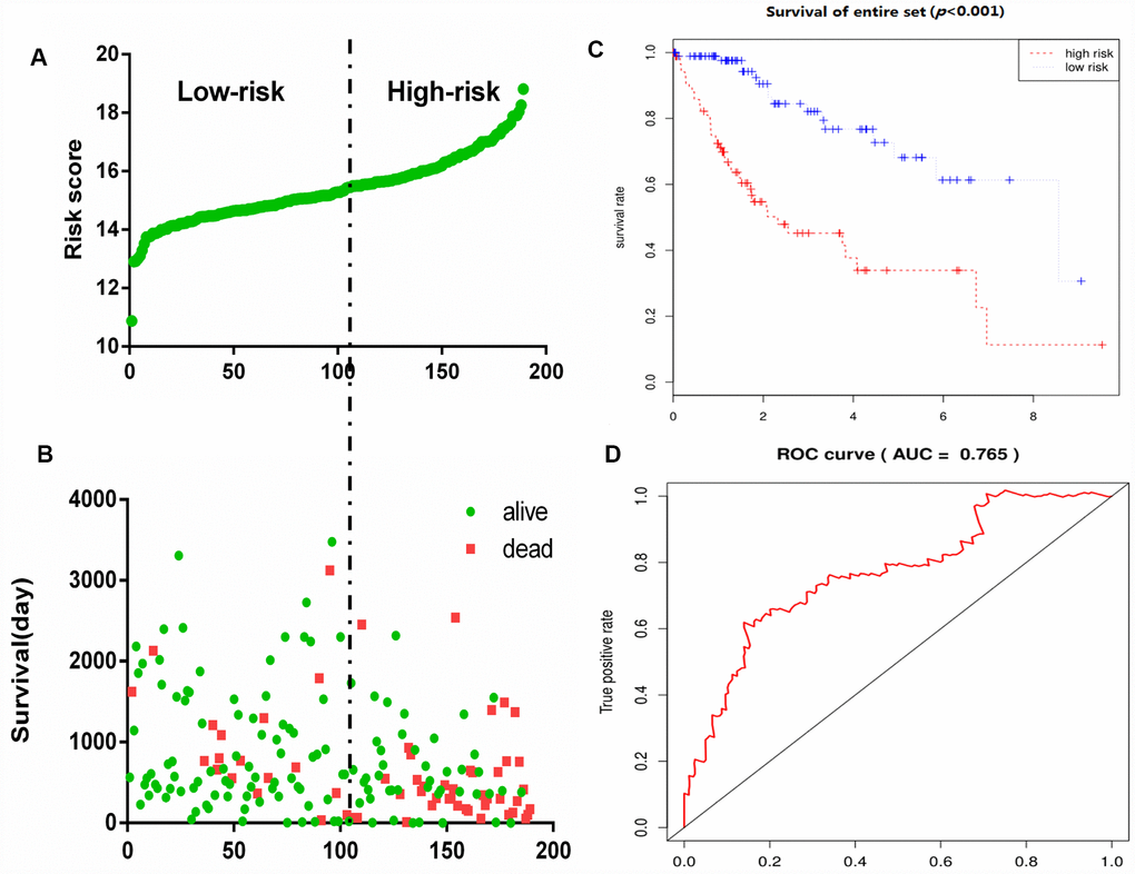 Glycolysis-related gene signature predicts OS in patients with HCC. (A) Distribution of risk scores per patient, (B) Relationship between survival days and survival status of each patients, (C) K-M curve to verify the predictive effect of gene signature, (D) ROC curve analysis to evaluate the diagnostic efficacy of gene signature.