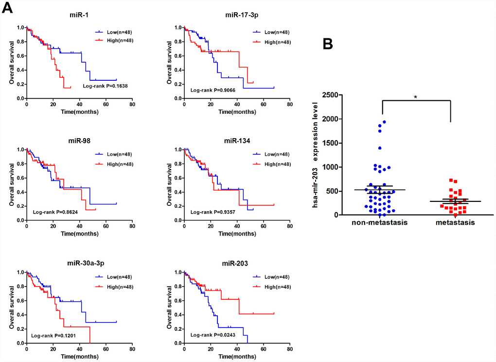 miR-203 is correlated with overall survival of EC patients. (A) Kaplan-Meier curves for overall survival according to differential expression level of miRNAs in EC patients; cutoff value is the average expression level. p-value was calculated based on log rank test. (B) The significant association between lymph node metastasis and miRNA-203 expression level.