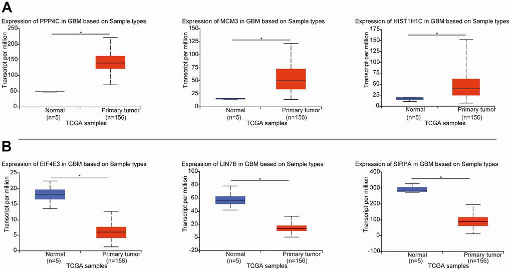The expression of DEGs in the three datasets from this study in the TCGA dataset. (A) Expression of the top 3 upregulated DEGs from TCGA GBM. (B) Expression of the top 3 downregulated DEGs from TCGA GBM. *p 
