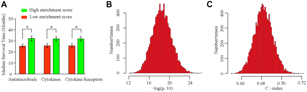 IPSHCC typing and sensitivity analysis. (A) Immune scores are calculated based on IPSHCC coefficients in antimicrobial, cytokine, and cytokine receptor immune processes. Scores were divided between low and high immune risk groups based on the median value. Median survival times were compared using the log-rank test. (B, C) To test the robustness of IPSHCC, we randomly re-sampled 500 cases from the consolidated datasets 10,000 times. (B) Histogram showing –log10 (P) values from the 10,000 resampled datasets. P-values were C) Histogram of C-index values from the 10,000 resampled datasets. The median C-index value was 0.6819, and standard deviation (SD) was 0.0091, demonstrating robust predictive ability.