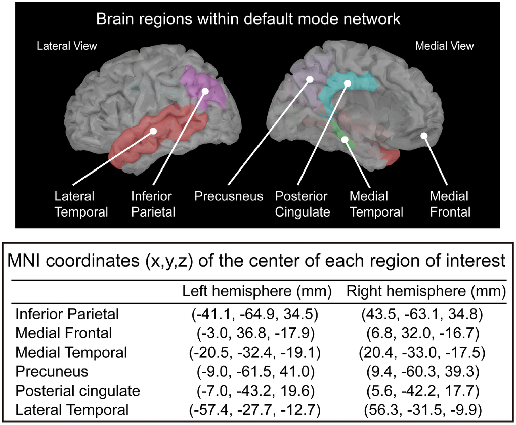 Selected regions of interest within the default mode network and the corresponding MNI coordinates.