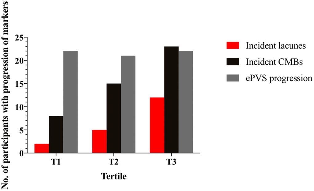 Number of participants with progression of markers from baseline by tertile of baseline WMH volume. Number of participants with incident lacunes, incident CMBs and ePVS progression were shown in columns by tertile of baseline WMH volume. Red column is the number of participants with incidents lacunes; black column is the number of participants with incidents CMBs; grey column is the number of participants with ePVS progression. Participants in T1 had the least progression of markers and those in T3 had the most progression of markers. CMBs = cerebral microbleeds; ePVS = enlarged perivascular spaces.