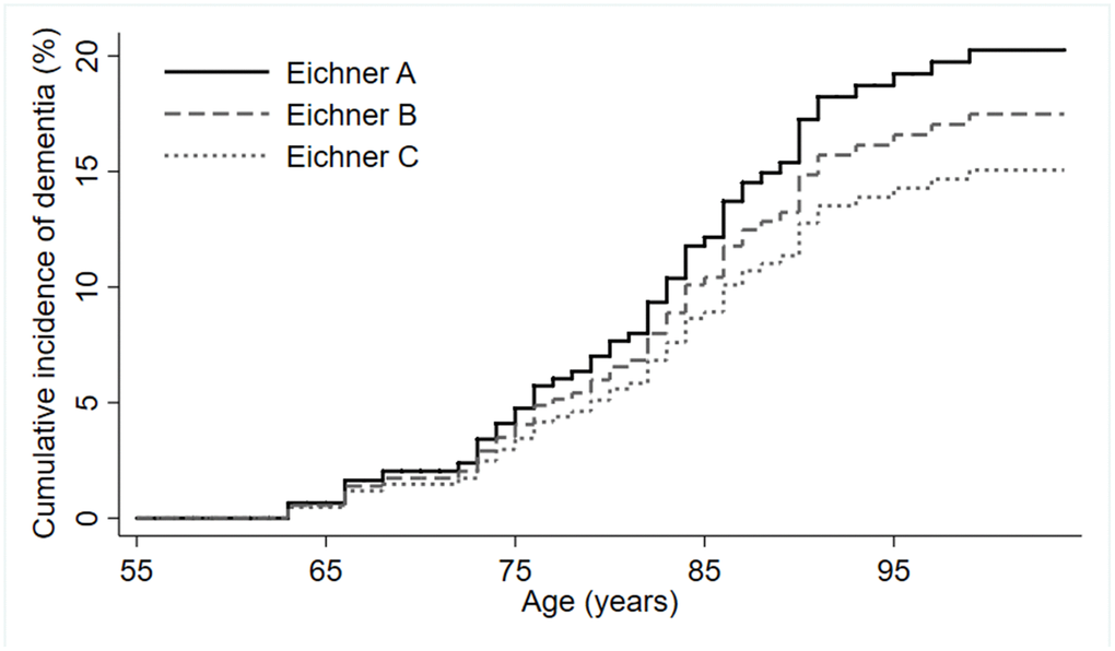 Cumulative incidence of dementia by Eichner categories (n=544).