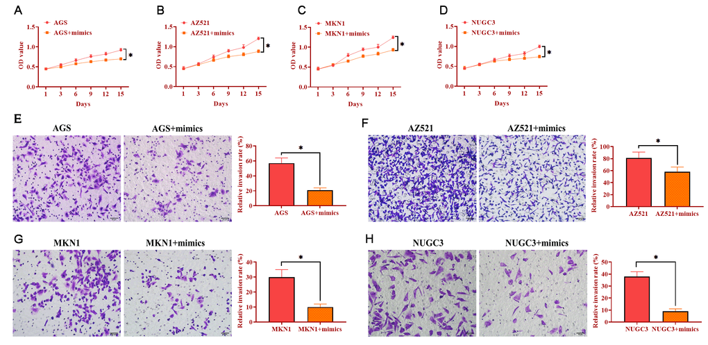 Overexpression of miRNA-34 inhibits the proliferation and invasion of GC cell lines. (A–D) The proliferation of GC cell lines transfected with miRNA-34 mimics. (E–H) The invasion of GC cell lines transfected with miRNA-34 mimics. Values are means ± SD; *, P 