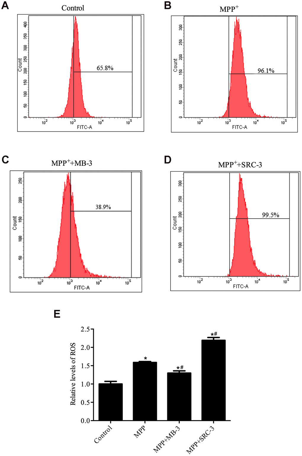 ROS production was regulated by GCN5 in MPP+-treated cell model. (A) Relative levels of ROS in control group; (B) Relative levels of ROS in cells treated with MPP+ (1000 μM), (C) Relative levels of ROS in cells treated with MPP+ (1000 μM) and MB-3 (50 μM); (D) Relative levels of ROS in cells treated with MPP+ (1000 μM) and SRC-3 (100 ng/mL). (E) Bar graph of relative levels of ROS; n=6, per group. *P vs. control group; # P vs. MPP+ group.