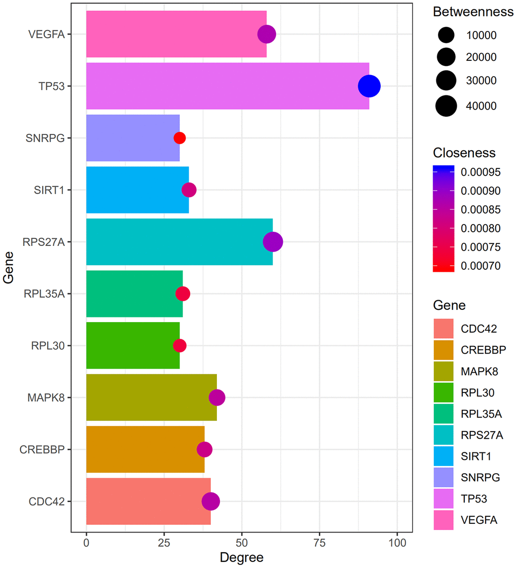 The degree, betweenness, and closeness centrality of hub genes. The analysis shows that TP53, RPS27A, and VEGFA were the top three hub genes with greatest degree, betweenness and closeness.