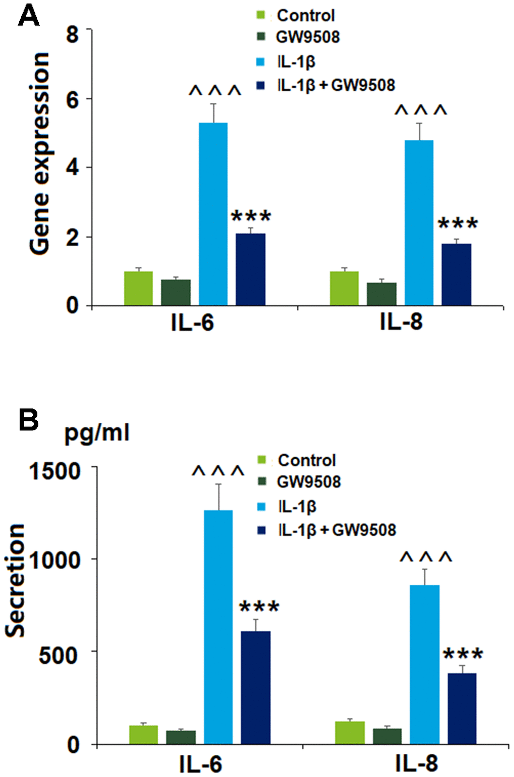 Treatment with GW9508 reduced IL-1β-induced generation of inflammatory cytokines in ATDC5 chondrocytes. Cells were treated with IL-1β (10 ng/ml) with or without GW9508 (50 μM) for 24 h. (A). mRNA of IL-6 and IL-8; (B). Protein secretions of IL-6 and IL-8 (^^^, P
