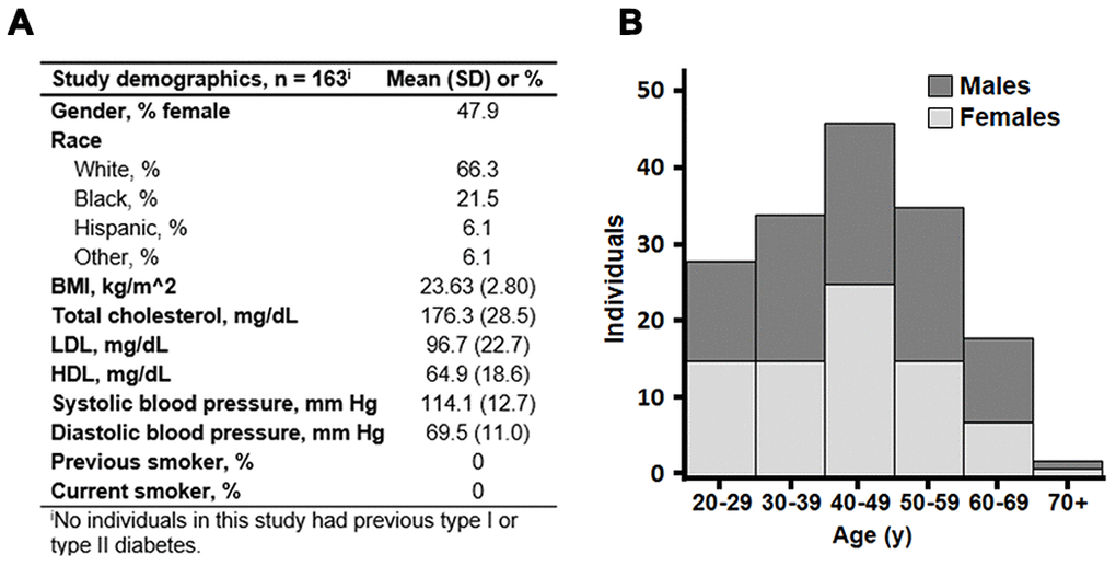 Background characteristics of 163 healthy adults of the predictive medicine cohort. (A) Mean values with standard deviation (SD) of gender, race and clinical measures are shown. (B) Age distribution of the subset. Stacked bars are shown with men in dark gray and women in light gray. Mean age was 43.5 years, and ages ranged from 20 to 90 years.